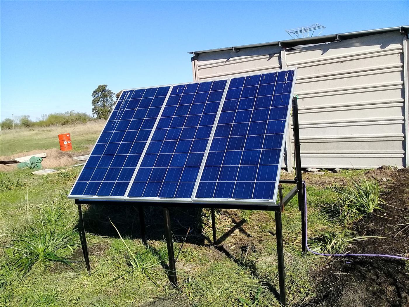 Paneles solares sobre estructura a nivel de suelo en un campo bonaerense