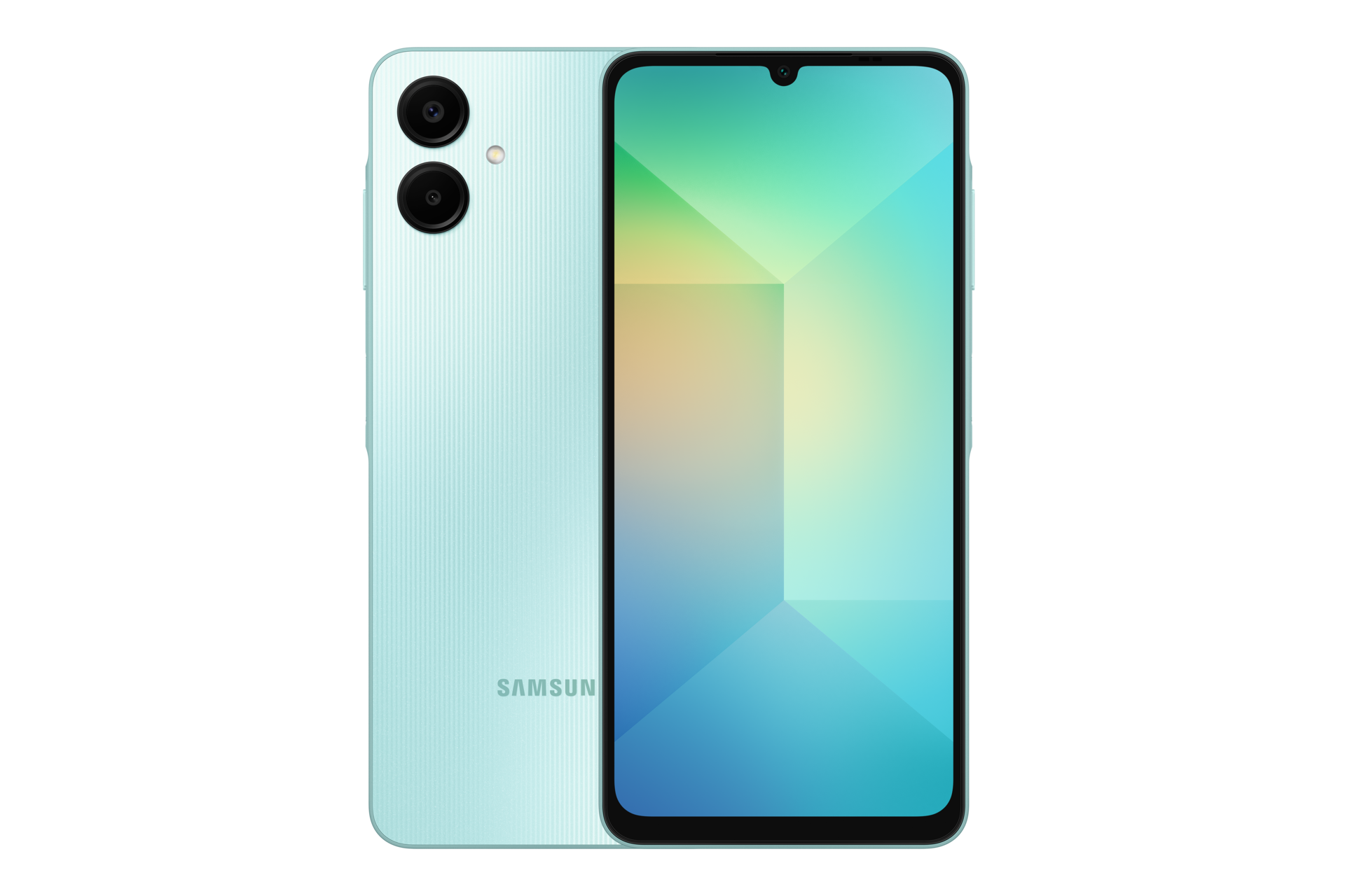 Galaxy A06 128/4GB Vista al y trasera del celular Samsung Galaxy A06 color verde de 128 gigabytes con dos cámaras traseras y una seflie