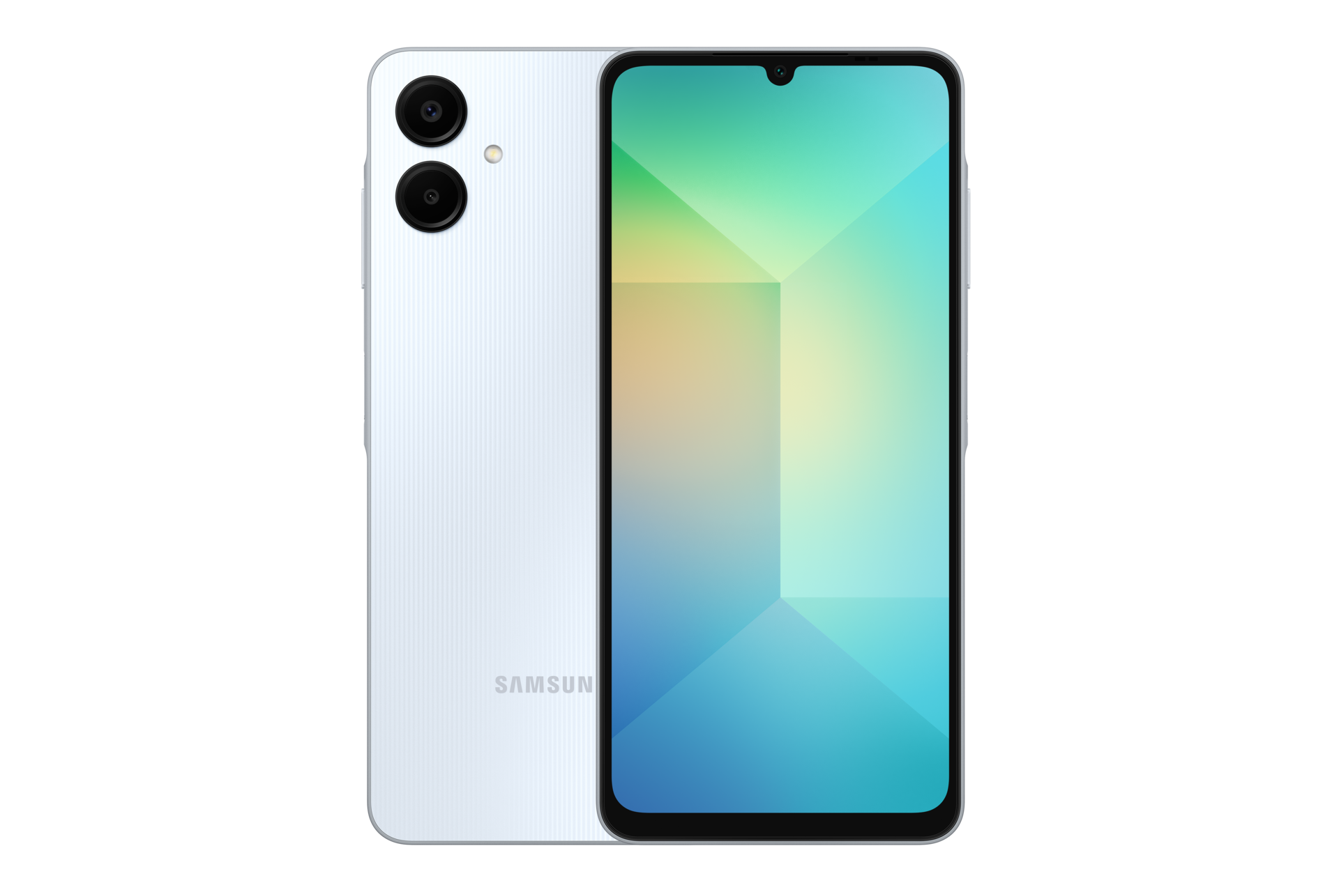 Galaxy A06 64/4GB Vista al y trasera del celular Samsung Galaxy A06 color azul de 64 gigabytes con dos cámaras traseras y una seflie